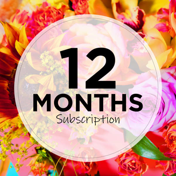 Colorful floral background with a "12 MONTHS Subscription" label