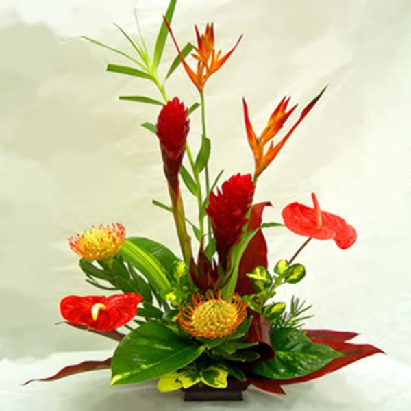 Tropical floral arrangement with red anthuriums and orange bird-of-paradise blooms