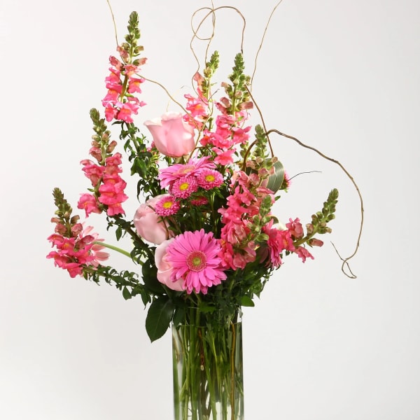 Pink flowers arranged in a tall clear glass vase with curly branches