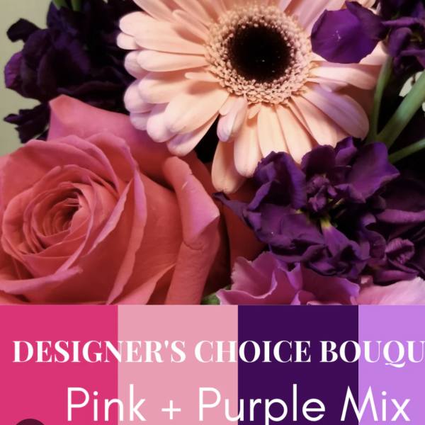 Pink rose and gerbera daisy with purple flowers in a bouquet