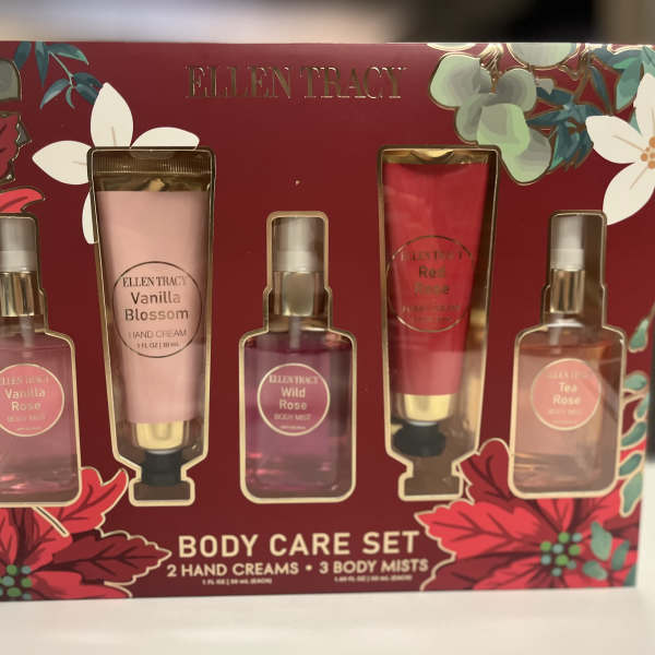 Ellen Tracy body care gift set with lotions and body mists in a floral box