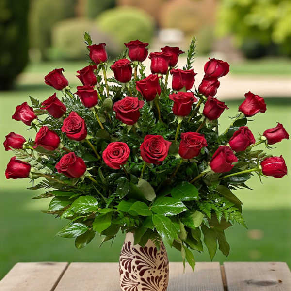 Red roses arranged in a patterned vase with rose petals on a wooden table