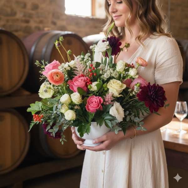 Woman holding a mixed bouquet in a white vase