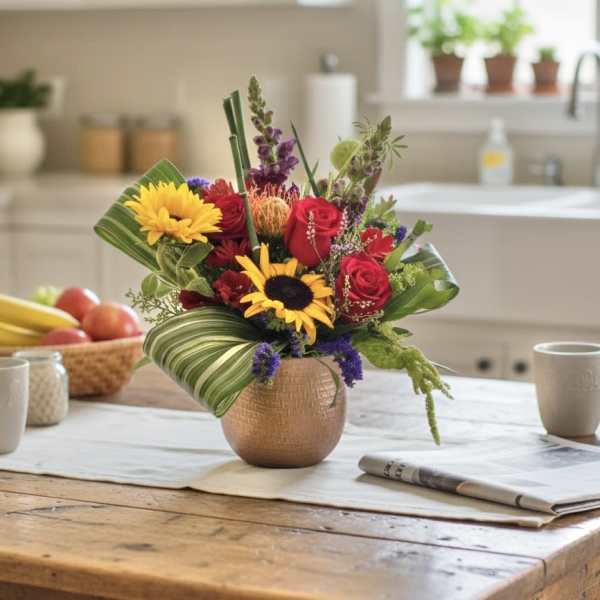 Mixed bouquet with sunflowers and red roses in a copper vase