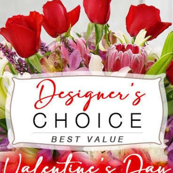 Mixed bouquet with red roses and pink orchids, labeled Designer's Choice.