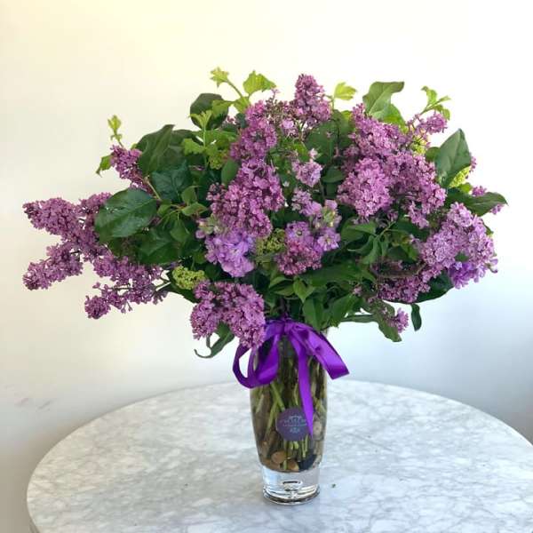 Purple lilac bouquet in a clear glass vase with a ribbon