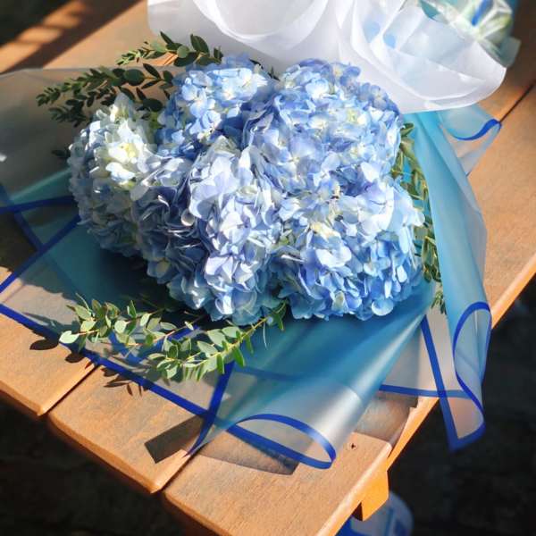 Blue hydrangea bouquet wrapped in white and blue paper
