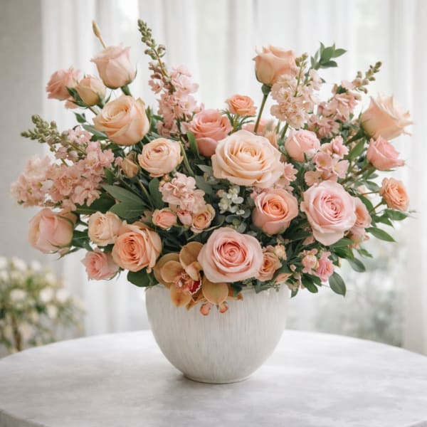 Peach and blush rose arrangement in a white vase