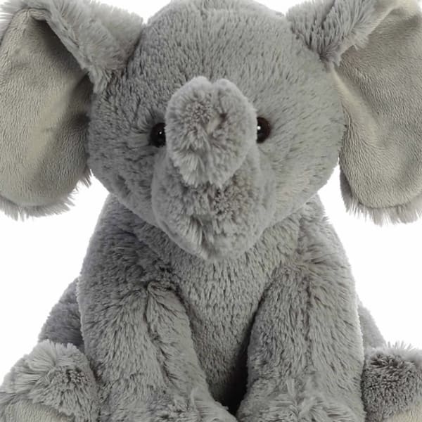 Gray plush elephant toy with large ears and trunk