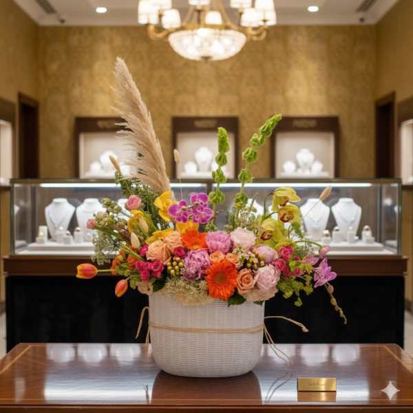 Colorful mixed flower arrangement in a white basket on a table