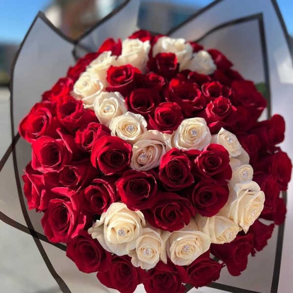 Bouquet of red and white roses wrapped in black-edged paper