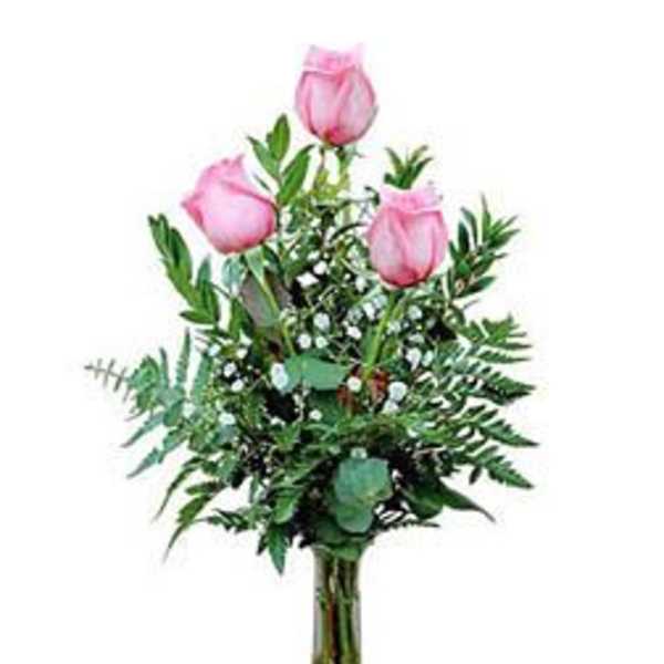 Pink roses in a clear glass vase with greenery