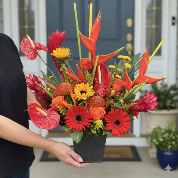 Tropical bouquet in a black container with red and orange flowers
