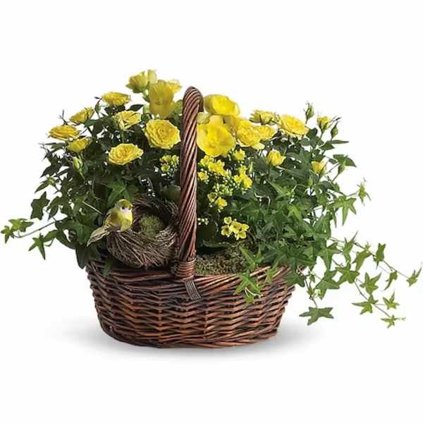 Yellow flowers in a wicker basket with a small bird nest decoration