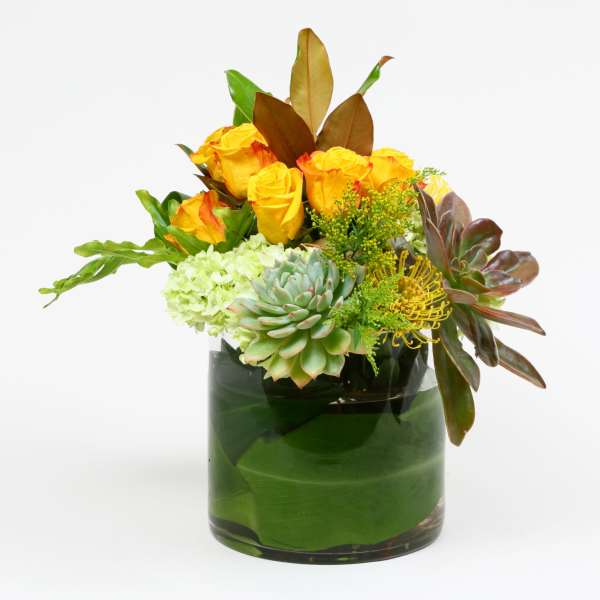 Yellow roses and succulents arranged in a glass vase
