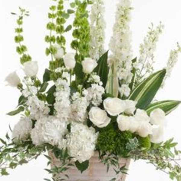 White floral arrangement with tall green and white spikes in a rectangular container
