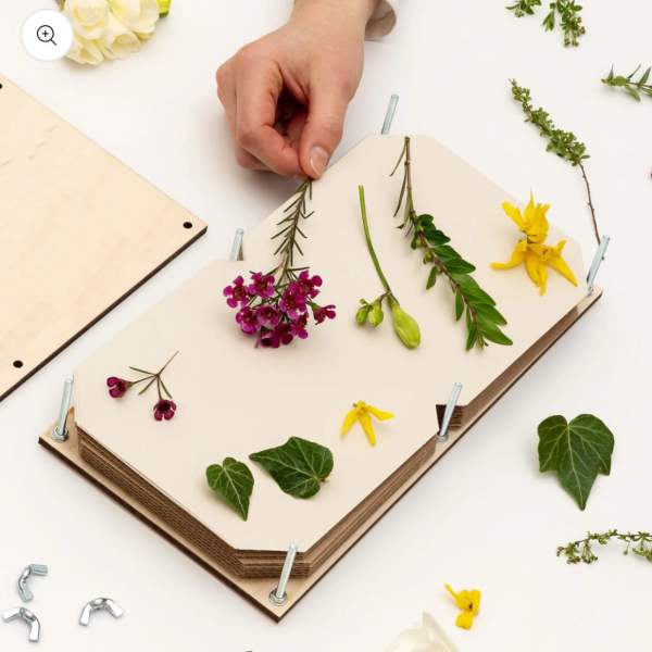 Pressed flowers arranged on a cream board with a hand placing a sprig