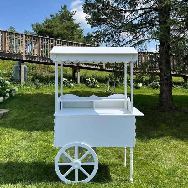 White wooden cart with a canopy on grass outdoors