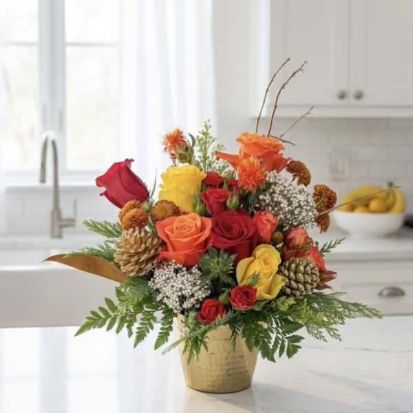Colorful rose arrangement in a gold vase with pinecones and berries
