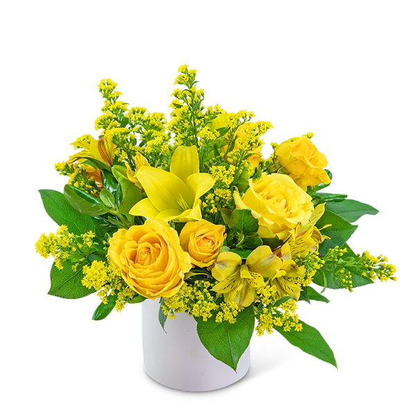 Yellow roses and lilies in a white vase