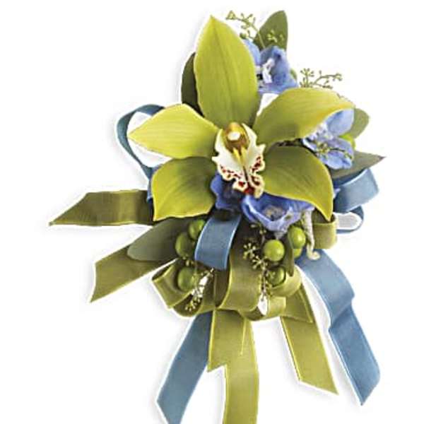 Green cymbidium orchid and blue accent flowers corsage with green and blue ribbon streamers