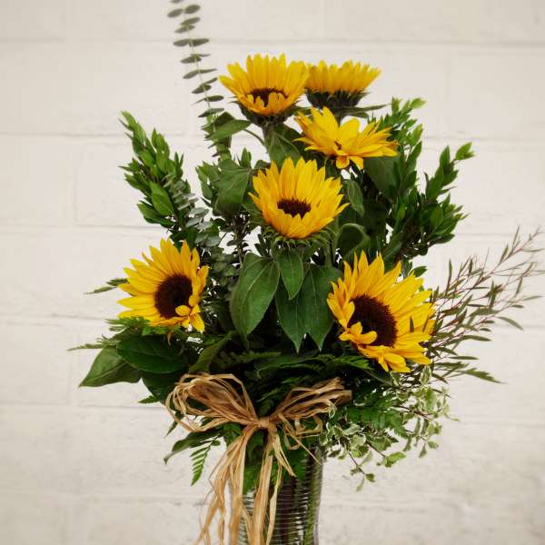 Sunflower arrangement in a glass vase with a raffia bow