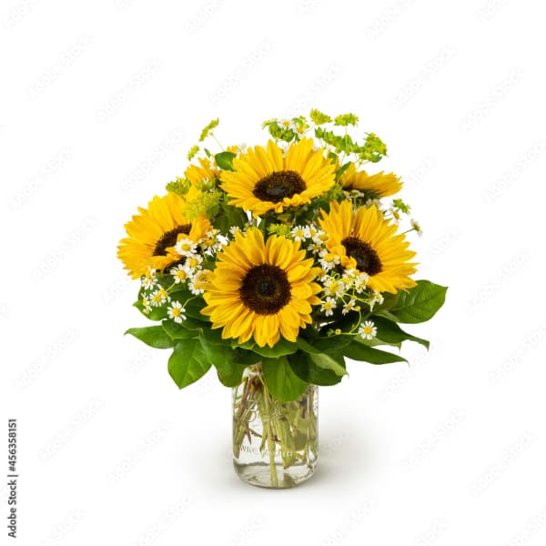 Sunflower bouquet in a clear glass jar vase
