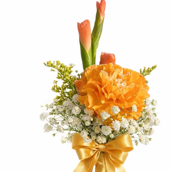 Orange floral bouquet with white filler flowers and a gold ribbon