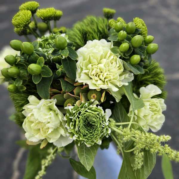 Green and white bouquet with carnations and button mums
