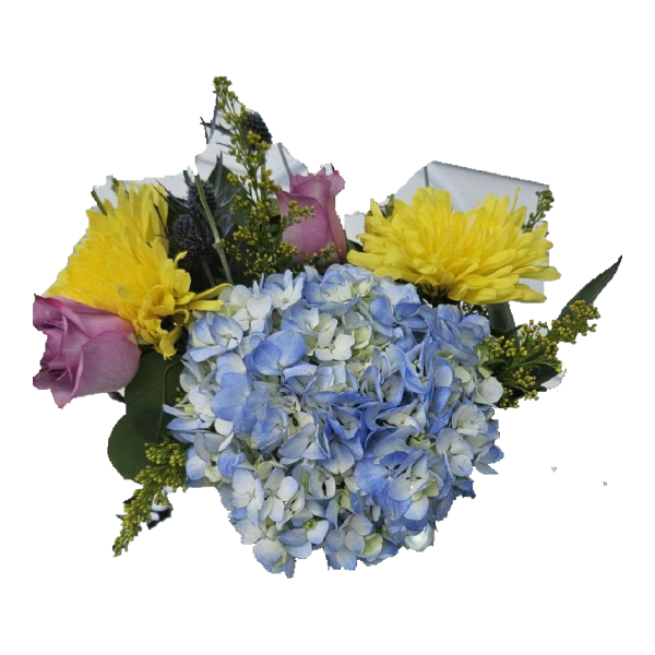 Bouquet of blue hydrangeas with yellow chrysanthemums and pink roses