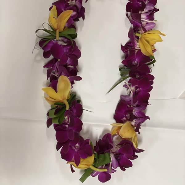 Purple and yellow orchid lei on a white background
