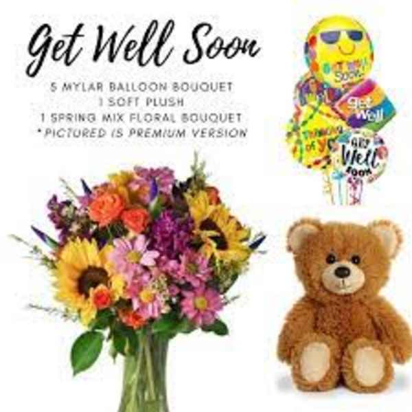 Get Well Soon gift set with balloons, flowers, and a teddy bear
