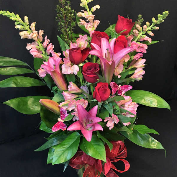 Oriental Lilies with Red Roses and Butterflies
