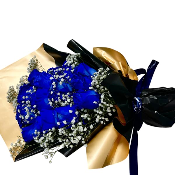 Bouquet of blue roses with white baby's breath in gold and black wrapping