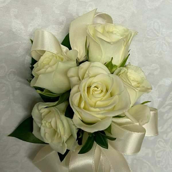 Bouquet of white roses with cream ribbon