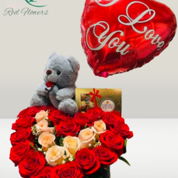 Heart-shaped red balloon with roses, teddy bear, and chocolates