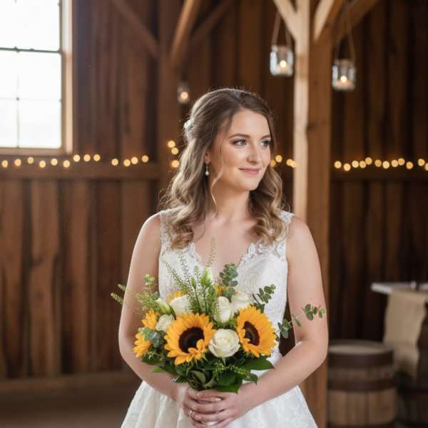 Bride holding a bouquet of sunflowers and white roses