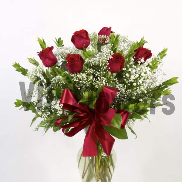 Red roses in a clear glass vase with baby's breath and a red ribbon