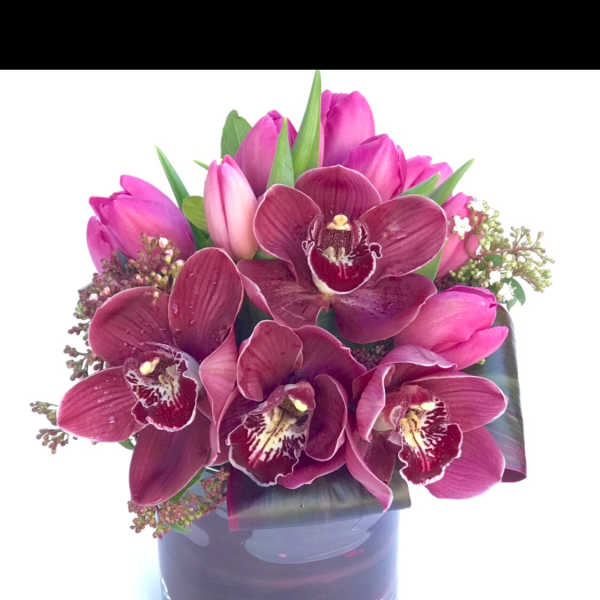 Pink orchids and tulips arranged in a glass vase