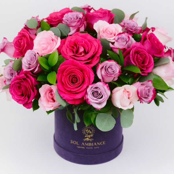 Pink and lavender roses arranged in a purple hat box