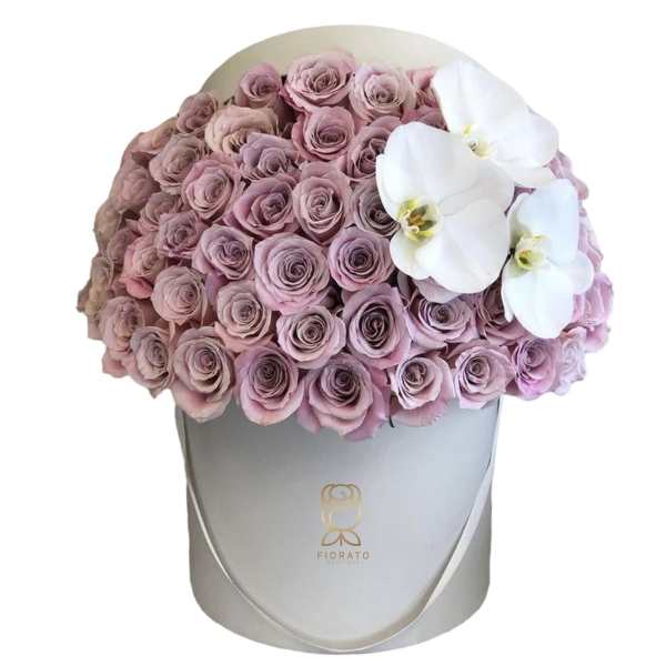 Pink rose bouquet in a gray hatbox with white orchids