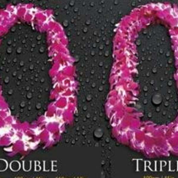 Three pink and white flower leis labeled single, double, and triple.