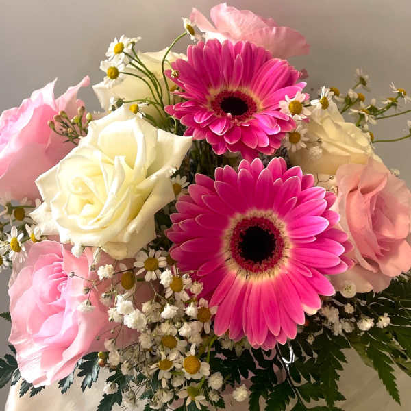 Pink and white bouquet with gerbera daisies and roses