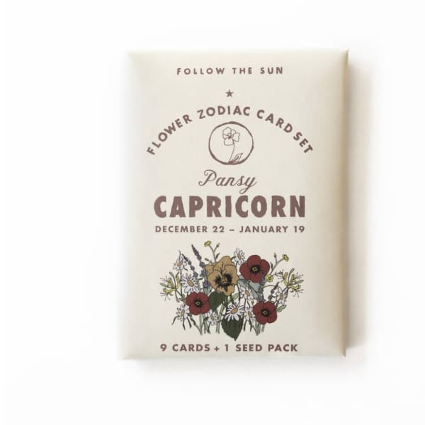 Capricorn flower zodiac card set package with illustrated pansies
