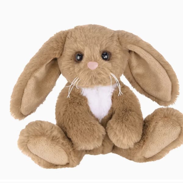 Brown plush bunny stuffed animal with long floppy ears and white chest patch
