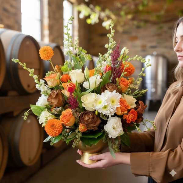 Mixed orange and white bouquet in a gold vase