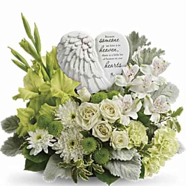 White and green sympathy arrangement with angel stones