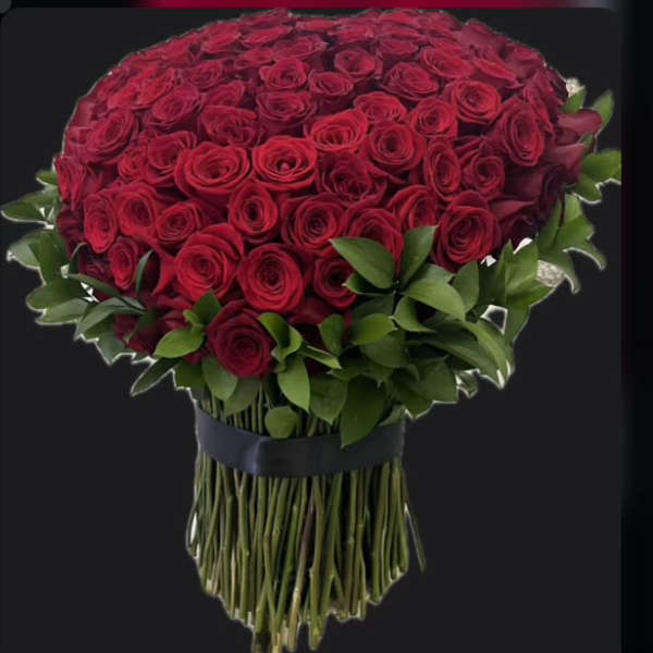 Large bouquet of red roses with green foliage on a black background
