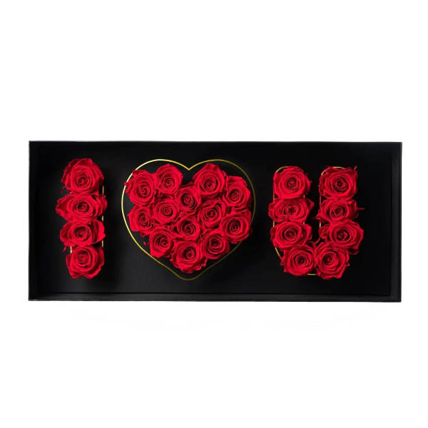 Red roses arranged to spell I love you in a black box