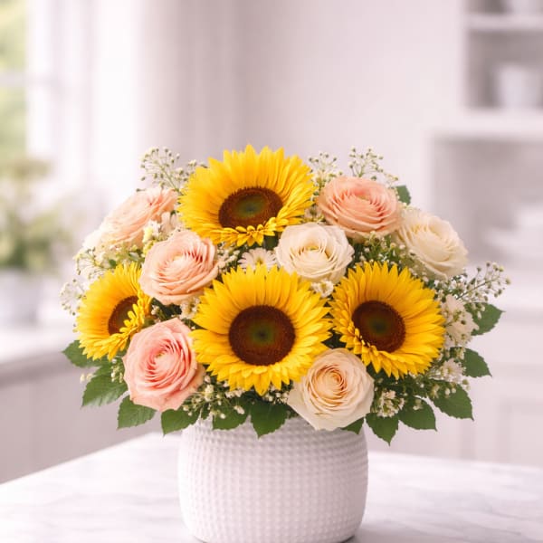 sunflower and pink roses arrangement